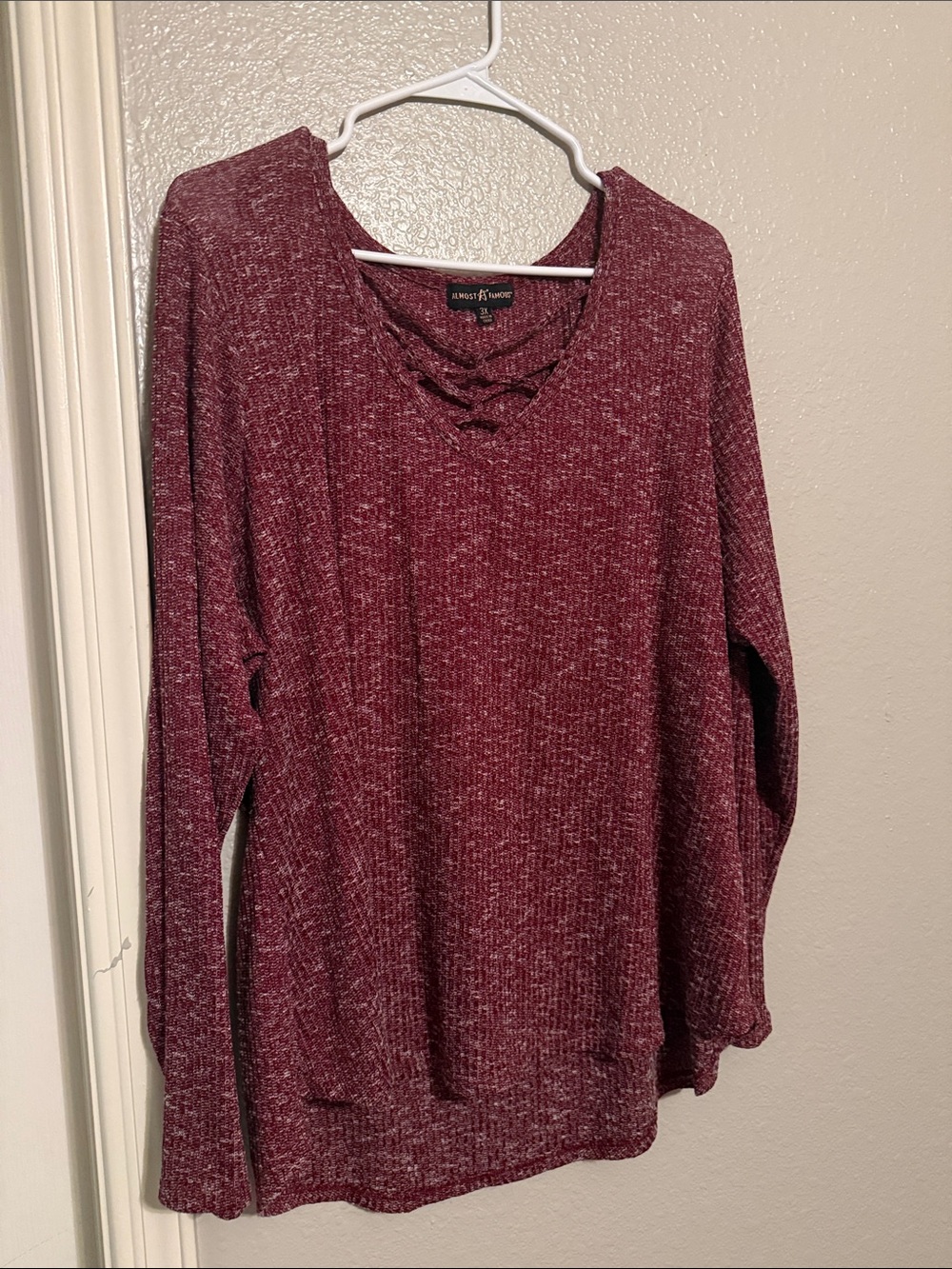 Almost Famous Heathered Maroon Crisscross V-Neck Long Sleeve Top